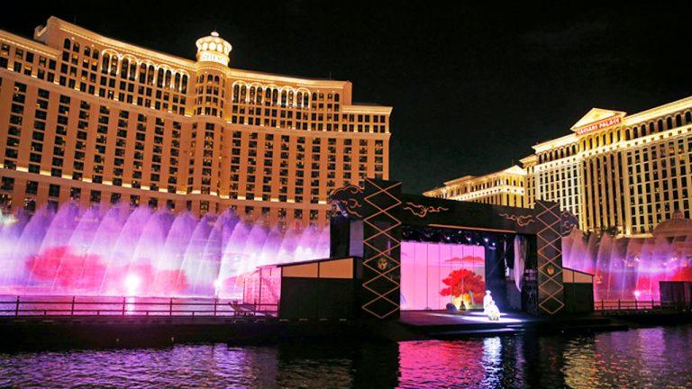 Performers stand on stage during the Kabuki Spectacle in front of the Bellagio hotel and casino in Las Vegas. (John Locher/AP)