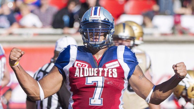 Montreal Alouettes' John Bowman celebrates after sacking Winnipeg Blue Bombers' quarterback Matt Nichols during second half CFL football action in Montreal, Sunday, Sept. 20, 2015. (Graham Hughes/CP)