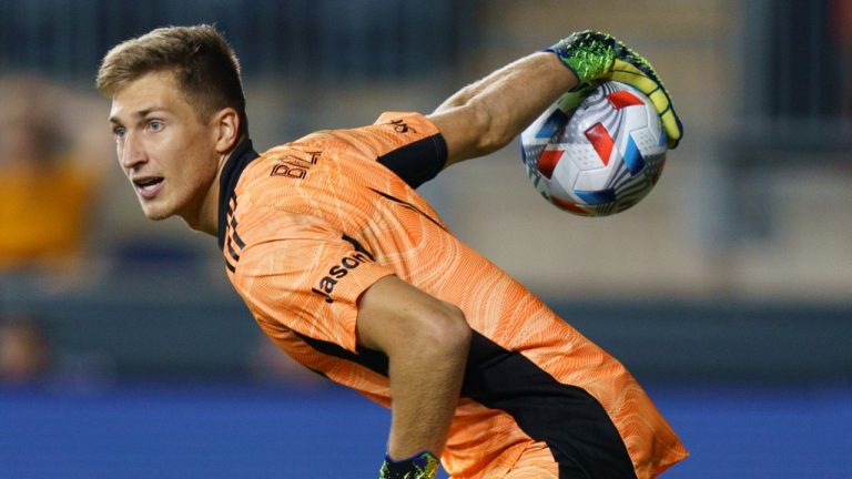 CF Montreal goalkeeper Sebastian Breza throws the ball back into play during the second half of the team's MLS soccer match against the Philadelphia Union, Saturday, Aug. 21, 2021, in Chester, Pa. (Chris Szagola/AP)