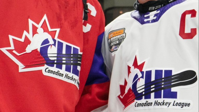 Team Red and Team White logos are shown following the CHL Top Prospects Game in Hamilton, Ont. on January 16, 2020. (Peter Power/CP)