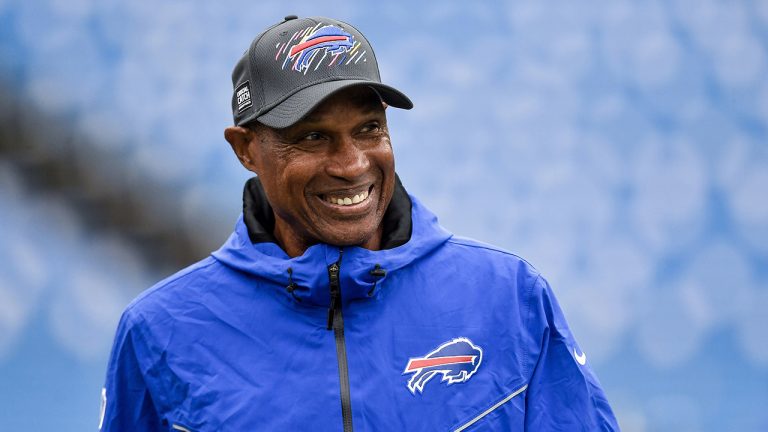 FILE - Buffalo Bills defensive coordinator Leslie Frazier walks on the field before an NFL football game against the Houston Texans. (Adrian Kraus, File/AP)