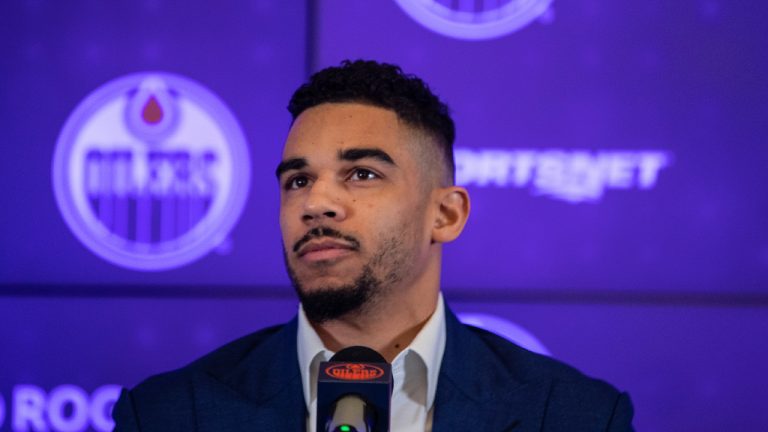 New addition to the Edmonton Oilers Evander Kane, speaks to media in Edmonton, Friday, Jan. 28, 2022. (Jason Franson/CP) 