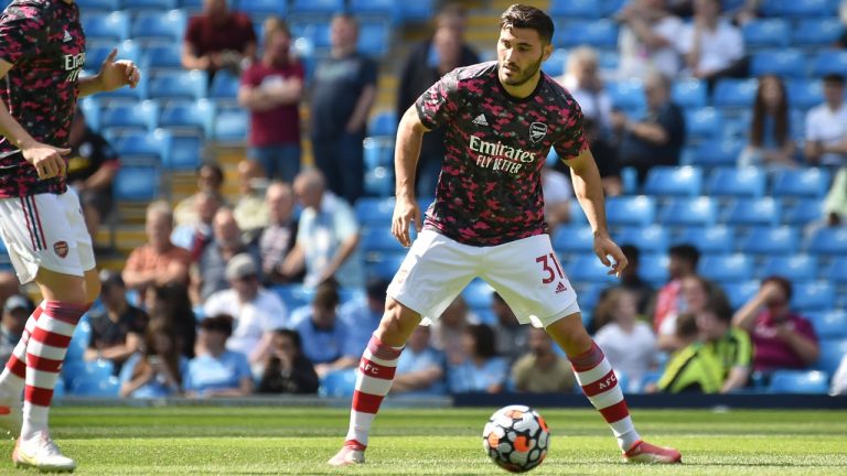 Arsenal's Sead Kolasinac warms up before the English Premier League soccer match between Manchester City and Arsenal at Etihad stadium in Manchester, England, Saturday, Aug. 28, 2021. (Rui Vieira/AP)