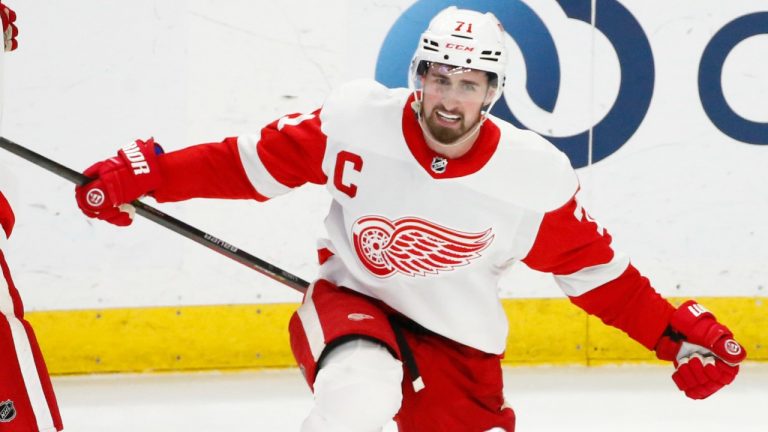 Detroit Red Wings centre Dylan Larkin (71) celebrates his goal during the overtime period of an NHL hockey game against the Buffalo Sabres, Monday, Jan. 17, 2022, in Buffalo, N.Y. (Jeffrey T. Barnes/AP)