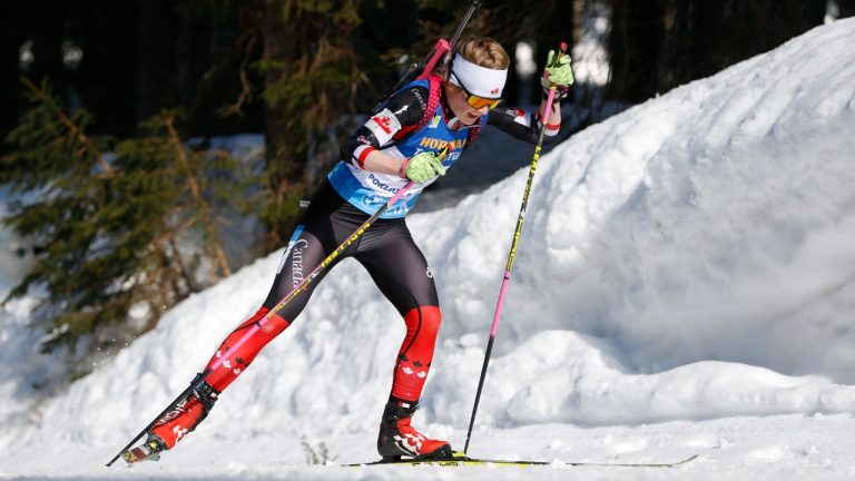 Canada's Emma Lunder competes during the women's 12.5 km mass start competition at the World Championships Biathlon event in Pokljuka, Slovenia, Sunday, Feb. 21, 2021. Lunder is one of the headliners on the list of eight Canadian biathletes nominated Wednesday for next month's Beijing Olympics. (Darko Bandic/AP)