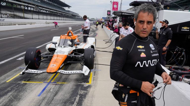 Juan Pablo Montoya, of Colombia, prepares to drive during practice for the Indianapolis 500 auto race at Indianapolis Motor Speedway, Wednesday, May 19, 2021, in Indianapolis. (Darron Cummings/AP)