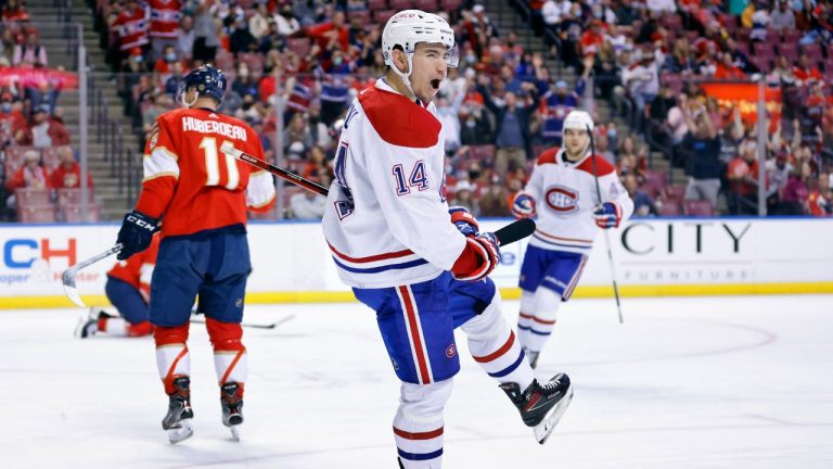 Montreal Canadiens centre Nick Suzuki (14) celebrates a goal against the Florida Panthers in Sunrise, Fla. (Michael Reaves/AP)