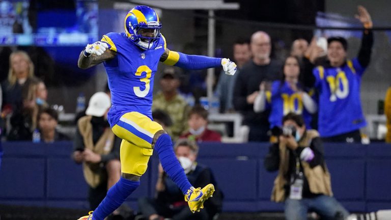 Los Angeles Rams wide receiver Odell Beckham Jr. celebrates against the Arizona Cardinals during the first half of an NFL wild-card playoff football game. (Marcio Jose Sanchez/AP) 