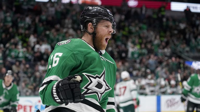 Dallas Stars centre Joe Pavelski celebrates after scoring against the Minnesota Wild in the first period of an NHL hockey game in Dallas, Monday, Dec. 20, 2021. (AP Photo/Tony Gutierrez)