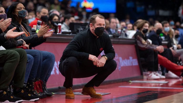 Toronto Raptors Head Coach Nick Nurse watches his team in NBA basketball action against the New York Knicks in Toronto on Friday, December 10, 2021. (Chris Young/CP) 