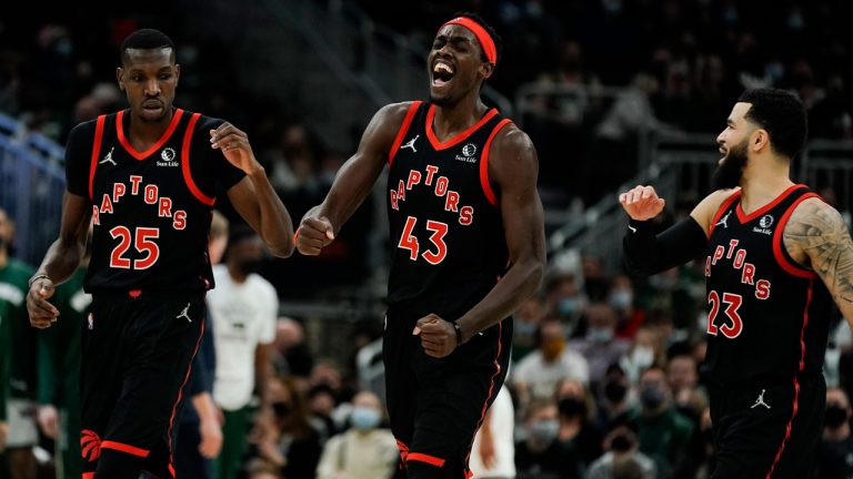 Both Fred VanVleet (R) and Pascal Siakam (C) will be eligible to sign contract extensions with the Toronto Raptors in the coming months. (Morry Gash/AP) 