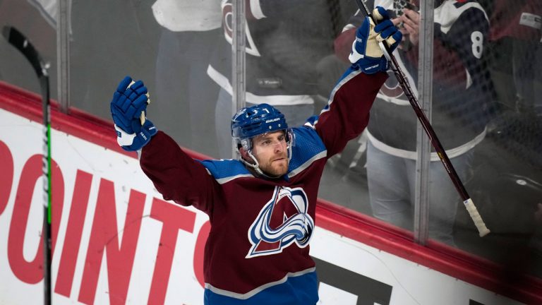 Colorado Avalanche defenceman Devon Toews celebrates after scoring the winning goal in overtime of an NHL hockey game against the Toronto Maple Leafs. (Geneva Heffernan/AP) 