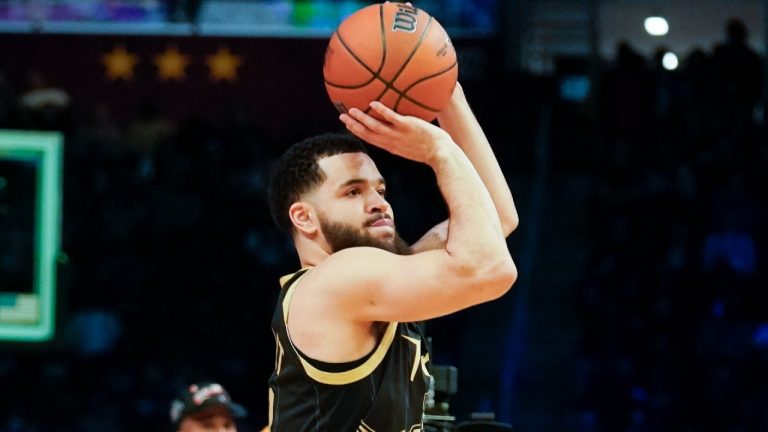 Toronto Raptors' Fred VanVleet shoots during the three-point shot part of the skills challenge competition, part of NBA All-Star basketball game weekend. (Charles Krupa/AP)