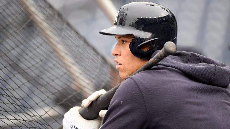 New York Yankees right fielder Aaron Judge (99) attends batting practice before an exhibition baseball game against the Washington Nationals, Monday, March 25, 2019, in Washington. (Nick Wass/AP)