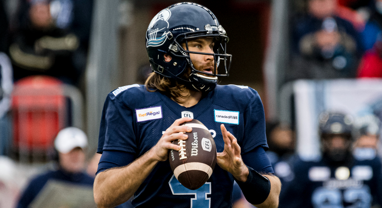 Toronto Argonauts quarterback McLeod Bethel-Thompson (4) looks to pass against the Hamilton Tiger-Cats during first half CFL Eastern Conference final action in Toronto, on Sunday, December 5, 2021. (Christopher Katsarov/CP)