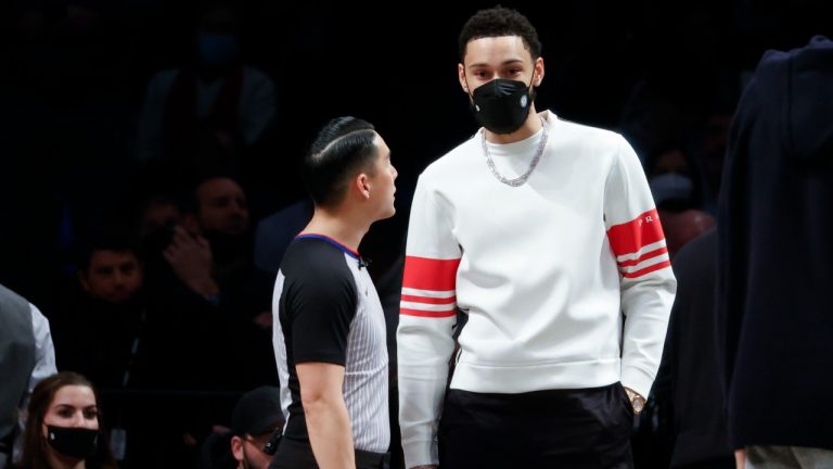 Brooklyn Nets' Ben Simmons, right, looks on during the second half of an NBA basketball game against the Sacramento Kings, Monday, Feb. 14, 2022, in New York. (Corey Sipkin/AP)