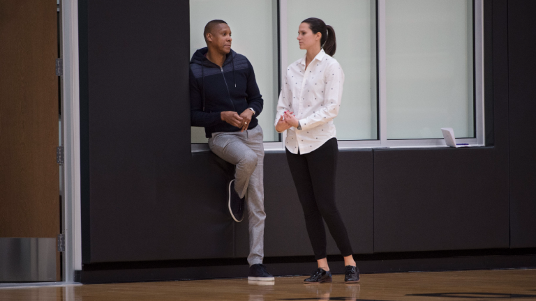 VP of basketball operations and player development Teresa Resch (R) watches a Toronto Raptors practice, with Masai Ujiri, the team president. Photographed at the Raptor's practice facility, the Biosteel Centre, on Nov. 8 2017. (Fred Lum/The Globe and Mail)