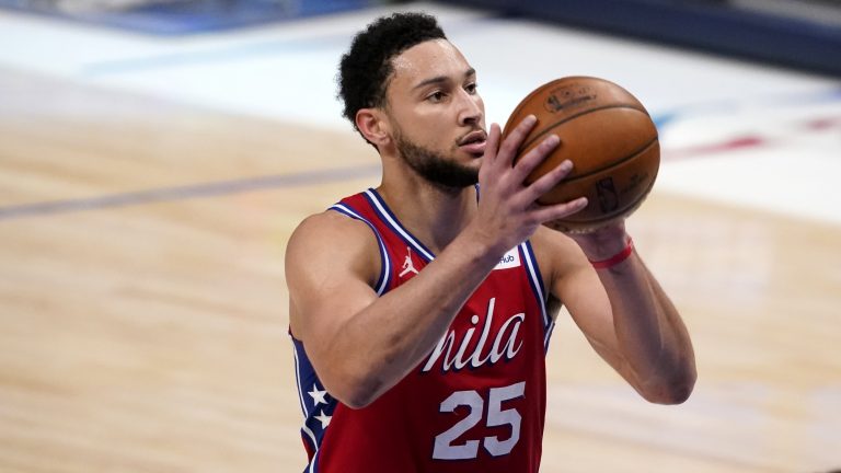 Philadelphia 76ers' Ben Simmons shoots free throws during an NBA basketball game against the Dallas Mavericks. (Tony Gutierrez/AP)