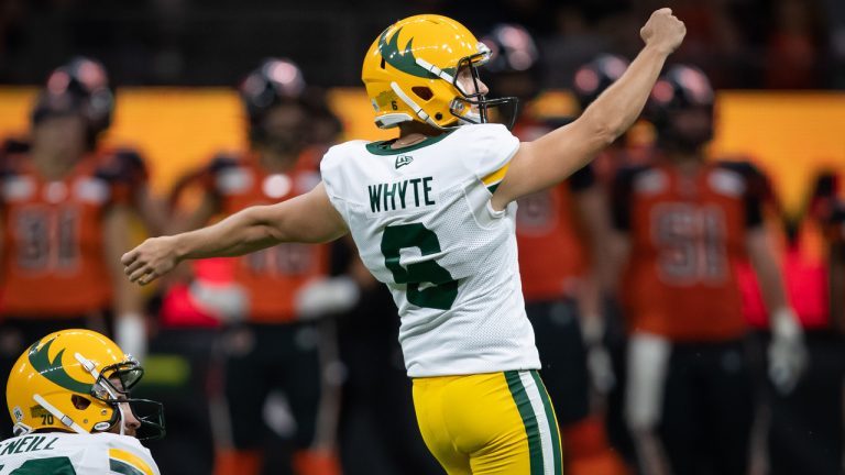 Edmonton Elks' Sean Whyte watches his successful field goal kick sail through the uprights during the second half of a CFL football game against the B.C. Lions in Vancouver, on Thursday August 19, 2021. (CP/file)