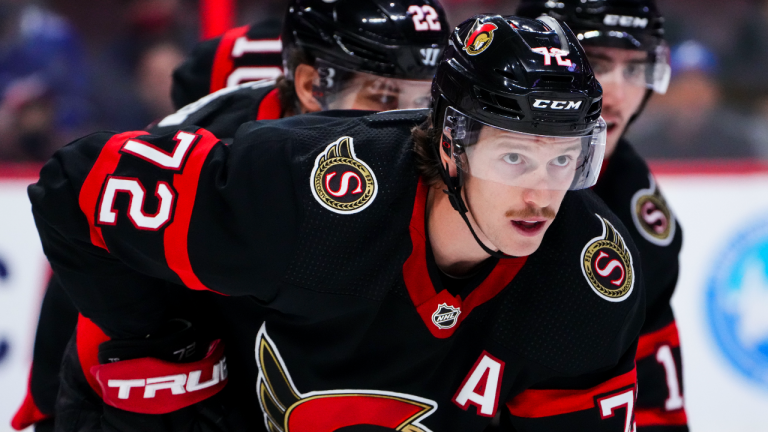 Ottawa Senators' Thomas Chabot (72) lines up for the face-off while taking on the Tampa Bay Lightning during first period NHL action in Ottawa on Saturday, Nov. 6, 2021. (CP/file)