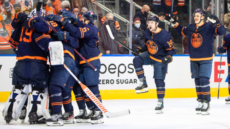 Edmonton Oilers celebrate the shootout win over the Nashville Predators on Thursday, January 27, 2022. (CP)