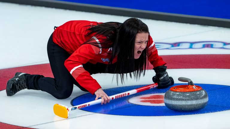 Team Canada skip Kerri Einarson reacts to the sweep as they play Northwest Territories at the Scotties Tournament of Hearts at Fort William Gardens in Thunder Bay, Ont. on Wednesday, Feb.2, 2022. (Andrew Vaughan/CP)