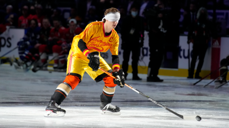 Anaheim Ducks' Trevor Zegras participates in the Skills Competition breakaway challenge event, part of the NHL All-Star weekend, Friday, Feb. 4, 2022, in Las Vegas. (AP)