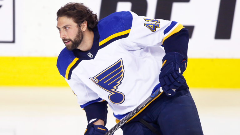 NHL profile photo on St. Louis Blues player Robert Bortuzzo at a game against the Calgary Flames in Calgary, Alta. on Jan. 24, 2022. (CP/file)