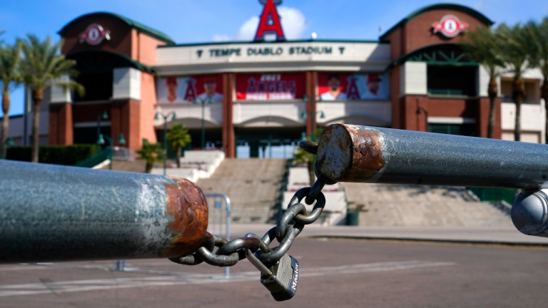 The main parking lot at the Los Angeles Angels Tempe Diablo Stadium remains closed as pitchers and catchers are not starting spring training workouts as scheduled during the Major League Baseball lockout in Tempe, Ariz., Wednesday, Feb. 16, 2022. (AP)