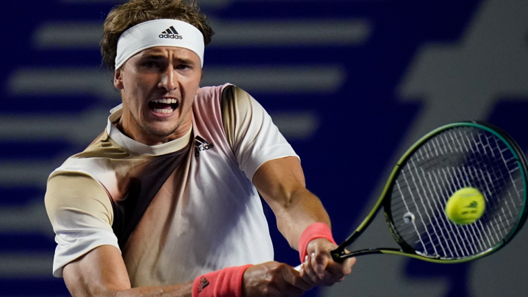 Alexander Zverev of Germany returns a ball during a match against to Jenson Brooksby of the U.S. at the Mexican Open in Acapulco, Mexico, Tuesday, Feb. 22, 2022. (AP)