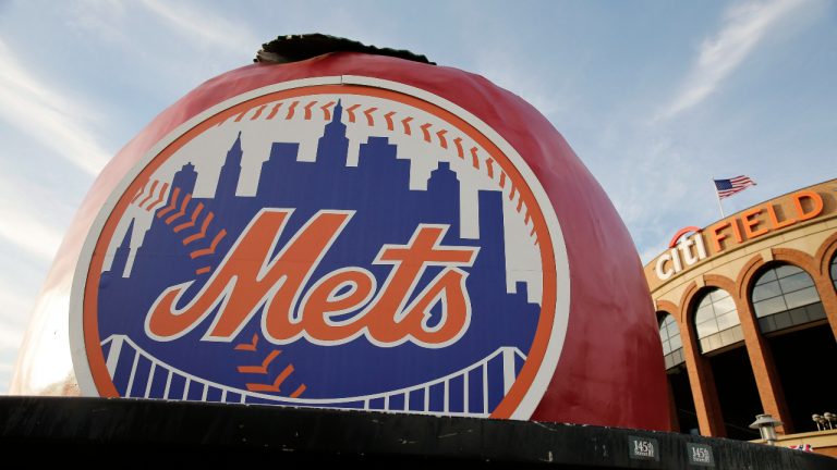 The New York Mets logo is displayed Citi Field before Friday's Game 3 of the Major League Baseball World Series between the Mets and the Kansas City Royals, Thursday, Oct. 29, 2015, in New York. (AP Photo/Peter Morgan)