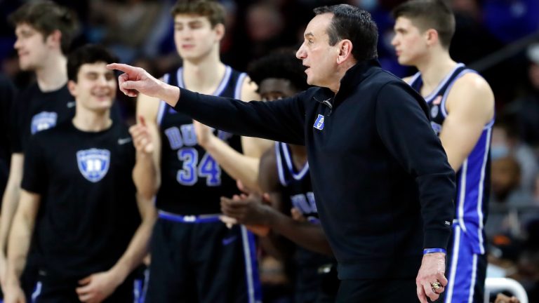 Duke head coach Mike Krzyzewski gives instructions during the second half of an NCAA college basketball game against Boston College, Saturday, Feb. 12, 2022, in Boston. (Michael Dwyer/AP)