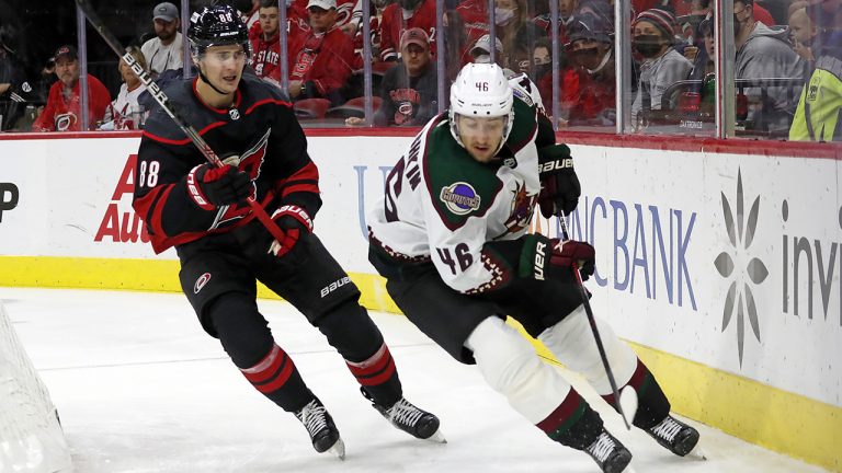 Arizona Coyotes' Ilya Lyubushkin (46) moves the puck in front of Carolina Hurricanes' Martin Necas (88) during the second period of an NHL hockey game. (Karl B DeBlaker/AP)