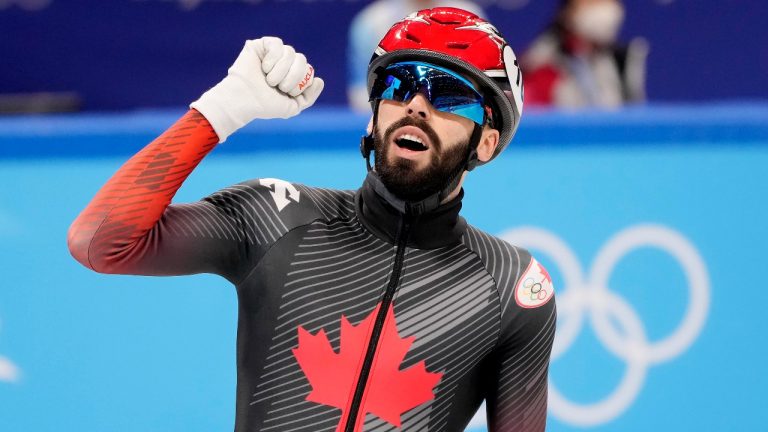 Steven Dubois earned gold in the men's 500 metres and Canada won the 5,000-metre relay on Sunday in the final event of the ISU World Cup short-track speedskating season. (Paul Chiasson/CP)