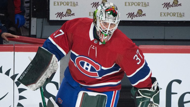 Montreal Canadiens goaltender Andrew Hammond steps onto the ice prior to an NHL hockey game against the Buffalo Sabres in Montreal, Sunday, February, 13, 2022. (Graham Hughes/CP)