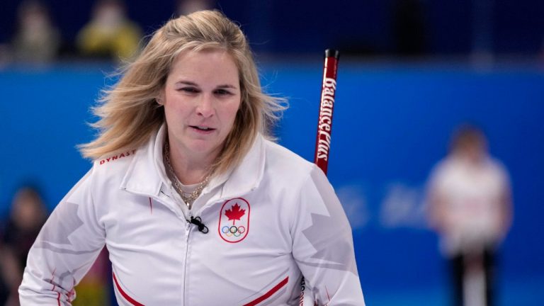 Canada's Jennifer Jones, competes, during the women's curling match against Denmark, at the 2022 Winter Olympics, Thursday, Feb. 17, 2022, in Beijing. (Nariman El-Mofty/AP Photo)