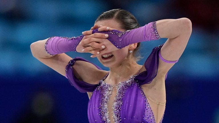 Kamila Valieva, of the Russian Olympic Committee, reacts after the women's short program during the figure skating at the 2022 Winter Olympics, Tuesday, Feb. 15, 2022, in Beijing. (David J. Phillip/AP Photo)