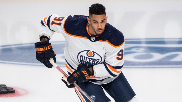 Edmonton Oilers' Evander Kane skates prior to an NHL hockey game against the Montreal Canadiens, in Montreal, Saturday, Jan. 29, 2022. (Graham Hughes/CP)