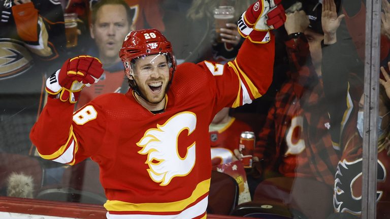 Calgary Flames' Elias Lindholm celebrates his goal during second period NHL hockey action against the Anaheim Ducks. (Jeff McIntosh/CP)