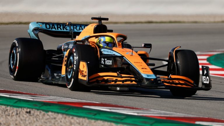 Mclaren driver Lando Norris of Britain steers his car during a Formula One pre-season testing session at the Catalunya racetrack in Montmelo, just outside of Barcelona, Spain, Wednesday, Feb. 23, 2022. (Joan Monfort/AP)