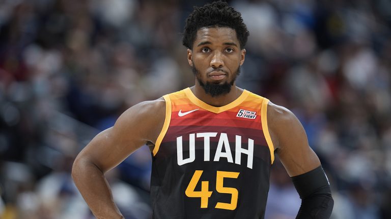 Utah Jazz guard Donovan Mitchell looks on during a timeout against the Denver Nuggets. (David Zalubowski/AP)