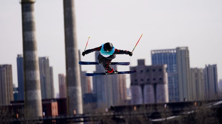 Megan Oldham of Canada competes during the women's freestyle skiing Big Air qualification round of the 2022 Winter Olympics, Monday, Feb. 7, 2022, in Beijing. (Matt Slocum/AP Photo)