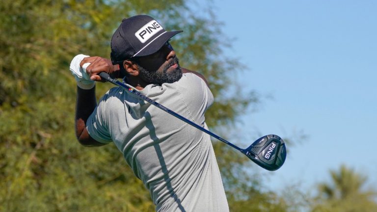 Sahith Theegala watches his tee shot on the ninth hole during the Phoenix Open golf tournament Friday, Feb. 11, 2022, in Scottsdale, Ariz. (Darryl Webb/AP)