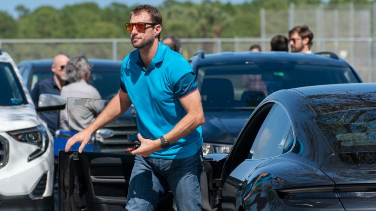 New York Mets baseball player Max Scherzer arrives for contract negotiations at Roger Dean Stadium in Jupiter, Fla., Wednesday, Feb. 23, 2022. (Greg Lovett/The Palm Beach Post via AP)