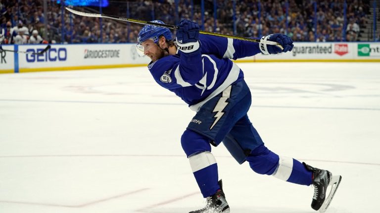 Tampa Bay Lightning center Steven Stamkos takes a shot against the New York Islanders during the second period in Game 5 of an NHL hockey Stanley Cup semifinal playoff series Monday, June 21, 2021, in Tampa, Fla. (Chris O'Meara/AP)