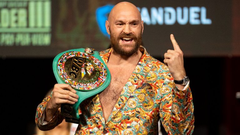 Tyson Fury poses during a news conference in advance of his heavyweight title boxing bout against Deontay Wilder, in Las Vegas on Wednesday, Oct. 6, 2021. (Erik Verduzco/Las Vegas Review-Journal via AP)