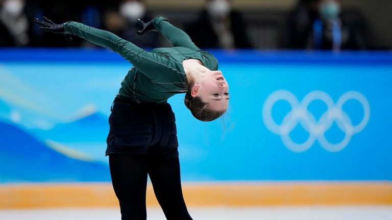 Kamila Valieva, of the Russian Olympic Committee, practices during a training session at the 2022 Winter Olympics, Sunday, Feb. 13, 2022, in Beijing. (David J. Phillip/AP Photo)