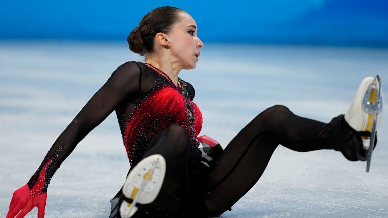 Kamila Valieva, of the Russian Olympic Committee, falls in the women's free skate program during the figure skating competition at the 2022 Winter Olympics, Thursday, Feb. 17, 2022, in Beijing. (David J. Phillip/AP Photo)