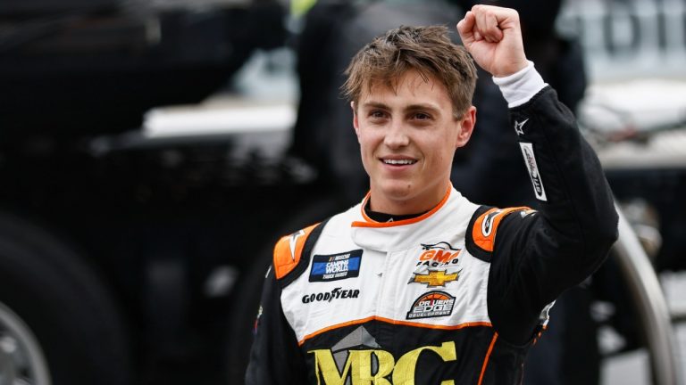 Driver Zane Smith reacts to fans after winning the NASCAR Truck Series race on Saturday, Oct. 30, 2021, in Martinsville, Va. (Wade Payne/AP)