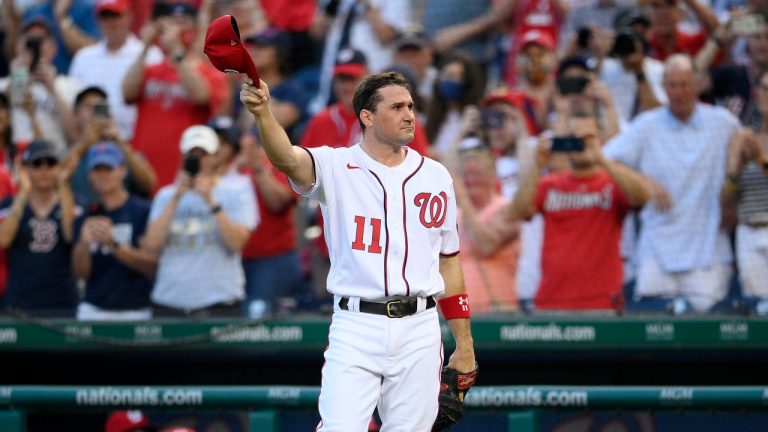 Washington Nationals' Ryan Zimmerman doffs his cap to the crowd after he came out of the game before the eighth inning of a baseball game against the Boston Red Sox, Sunday, Oct. 3, 2021, in Washington. The Red Sox won 7-5. (Nick Wass/AP)